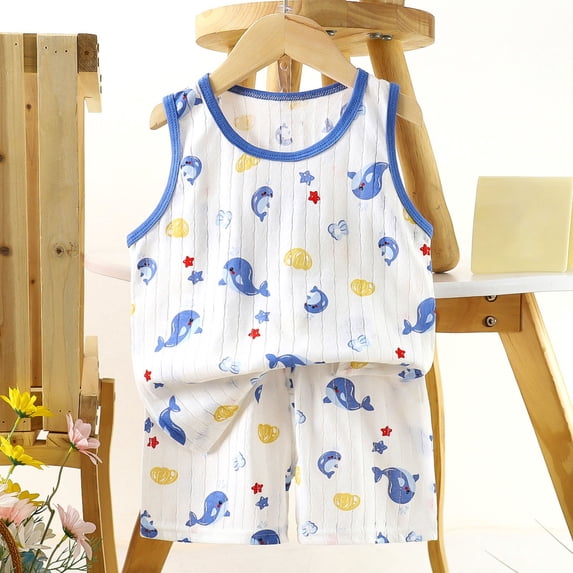Pretxorve Kids Girls Boys Casual Outfit Set Summer Print Crew Neck Tank Top with Shorts 2 Piece Outfits 6M-8Y