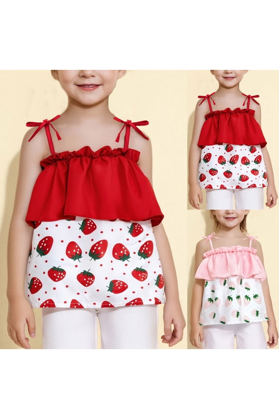 Girls 1-5 Years Tank Top Print Berry One Shoulder Sleeveless Ruffled Convertible Blouse for Summer