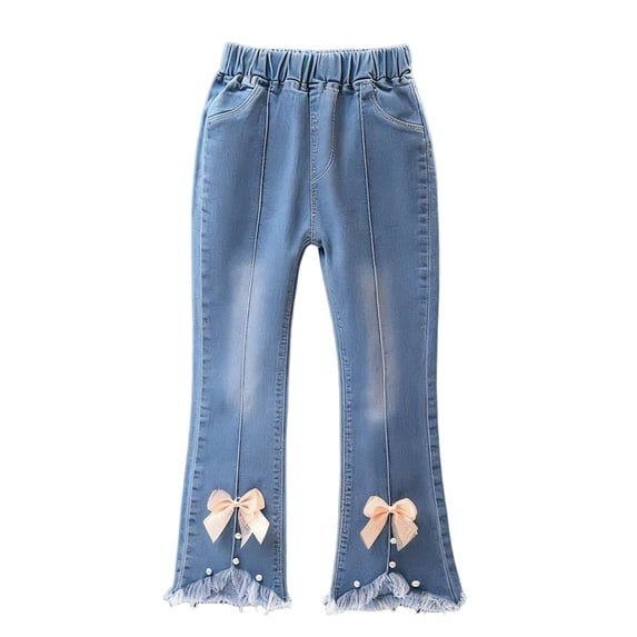Pretxorve Kids Girls Denim Jeans Solid Bow Cuff Elastic Waist Slim Flare Pants Summer Sizes 2-13Y