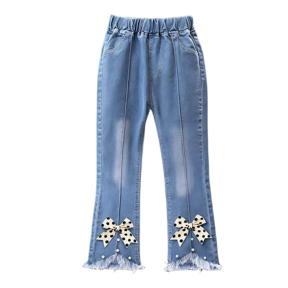 Pretxorve Kids Girls Denim Jeans Print Polka Dots Bow Cuff Elastic Waist Slim Flare Pants Summer Sizes 2-13Y