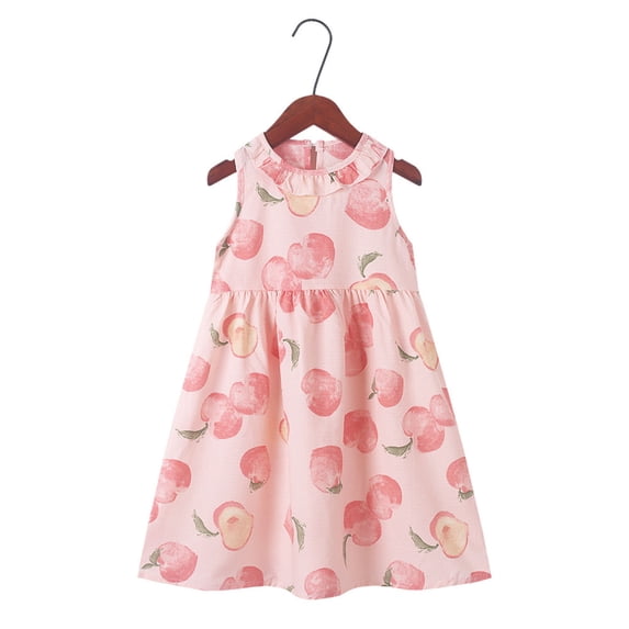 Pretxorve Kids Girls Dress Summer Sleeveless Round Flat Collar Peach Print Princess Tank Dresses