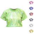 thumbnail image 1 of Pretxorve Kids Girls Short Sleeve Shirts Summer Crew Neck Solid Reflective Shiny Elastic Stage Tee 3-16Y, 1 of 3