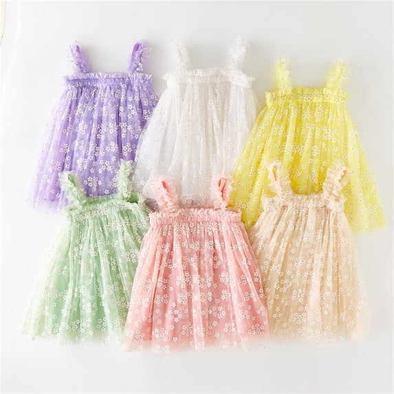 Pretxorve Kids Girls Sleeveless Dress Summer Spaghetti Strap Floral Print Mesh Dresses Sizes 3Month-5Y
