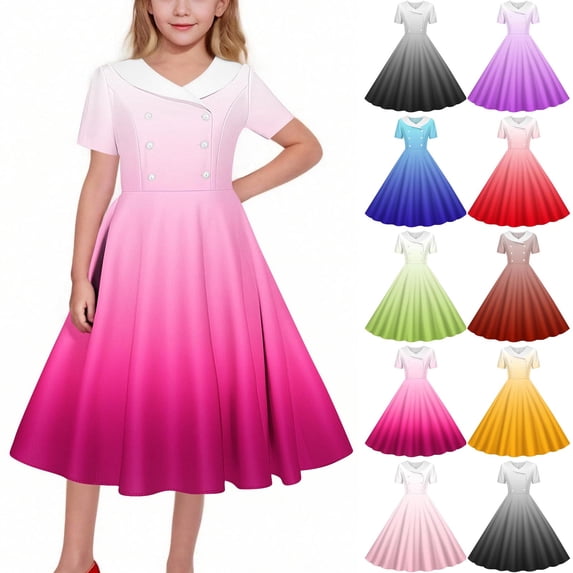 Pretxorve Kids Girls Short Sleeve Dress Summer Collared Gradient Print Button Cinched Waist Dance Dresses 5‑14Y