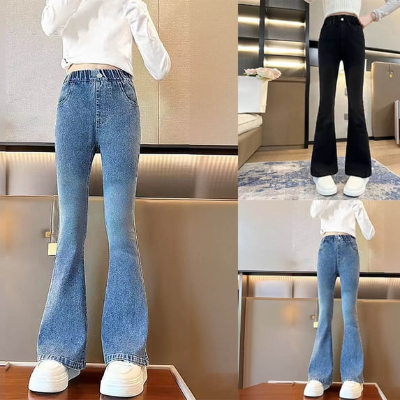 Pretxorve Kids Girls Denim Jeans Solid Shaping Loose Stretch Flare Casual Pants Sizes 5-15Y