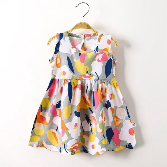 Pretxorve Kids Girls Sleeveless Dress Crew Neck Watercolor Print Soft Breathable Casual Dresses Sizes 6M-11Y