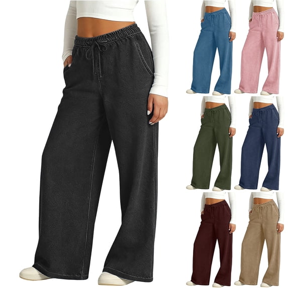 Pretxorve Kids Girls Pants Solid Faux Denim Wide Leg Side Pockets Casual Trousers