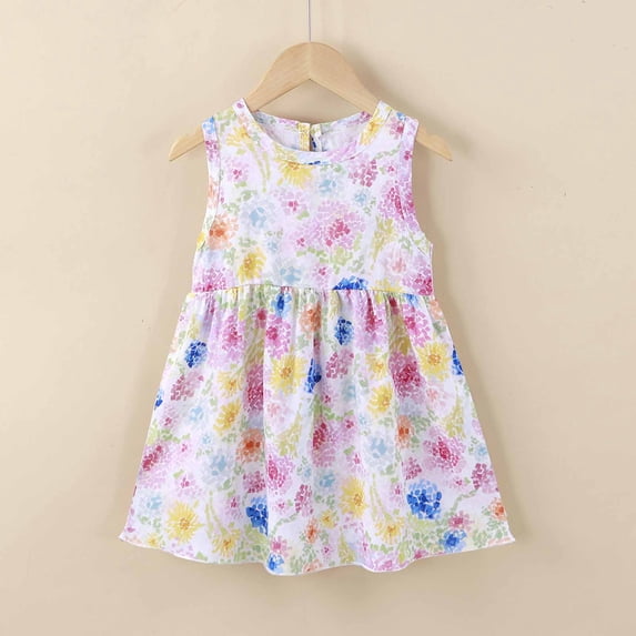 Pretxorve Kids Girls Dress Summer Sleeveless Crew Neck Geometric Print Casual Daily Toddler Dresses