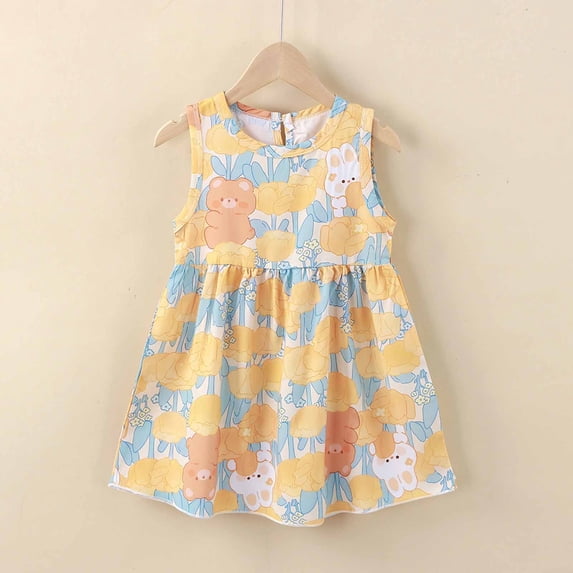 Pretxorve Kids Girls Sleeveless Dress Summer Crew Neck Print Casual Daily Toddler Dresses