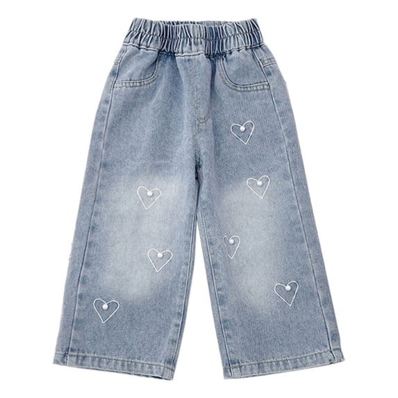 Pretxorve Kids Girls Denim Jeans Solid Embroidered Heart Embellishment Side Pockets Straight Casual Pants