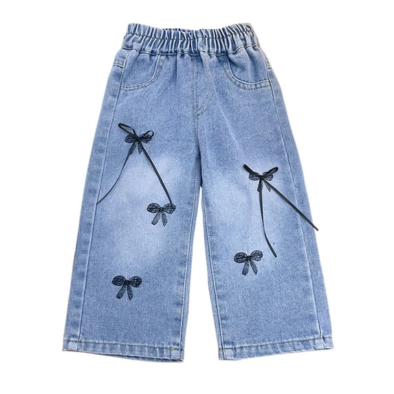 Pretxorve Kids Girls Denim Jeans Solid Lace Bow Embellishment Side Pockets Straight Casual Pants