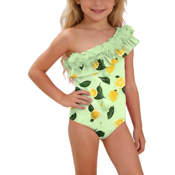 Pretxorve Girls 1-Piece Swimsuit Lemon Print Stereo Floral One Shoulder Elegant Style Swimwear