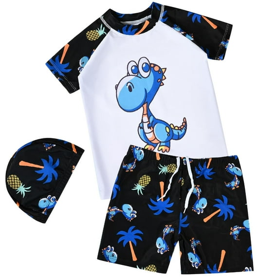 Pretxorve Kids Girls Boys Swimsuit Dinosaur Print Short Sleeve with Shorts and Cap Swimwear 1-11Y