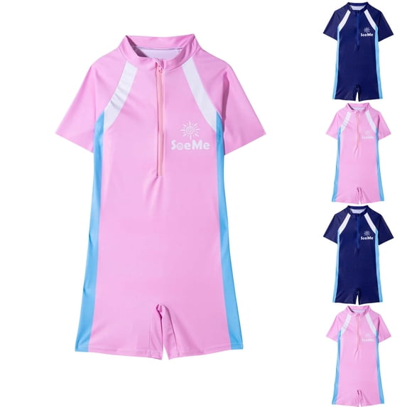 Pretxorve Kids Girls Boys 1-Piece Swimsuit Solid Color Segment Short Sleeve Fast-Dry Surfing Swimwear 3-14Y