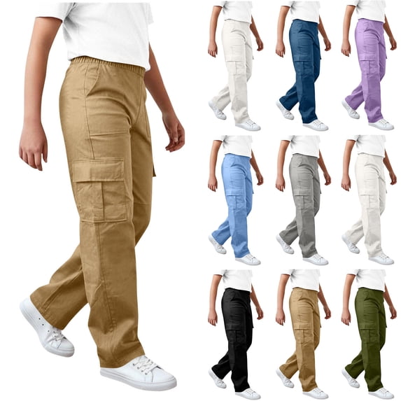 Pretxorve Kids Girls Boys Cargo Pants Solid Elastic Waist Straight Side Pockets Loose Bottoms Sizes 4-15Y