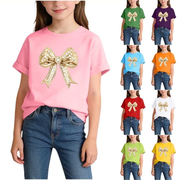 Pretxorve Kids Boys Girls Summer T Shirt Bow Print Round Neck for Casual Daily Use Top Sizes 2-14Y