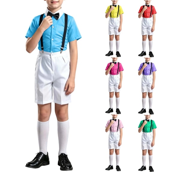 Pretxorve Kids Boys Short Sleeve Set Solid Collared Shirt Top Lace Suspender Pants Performance Outfits 3-18Y
