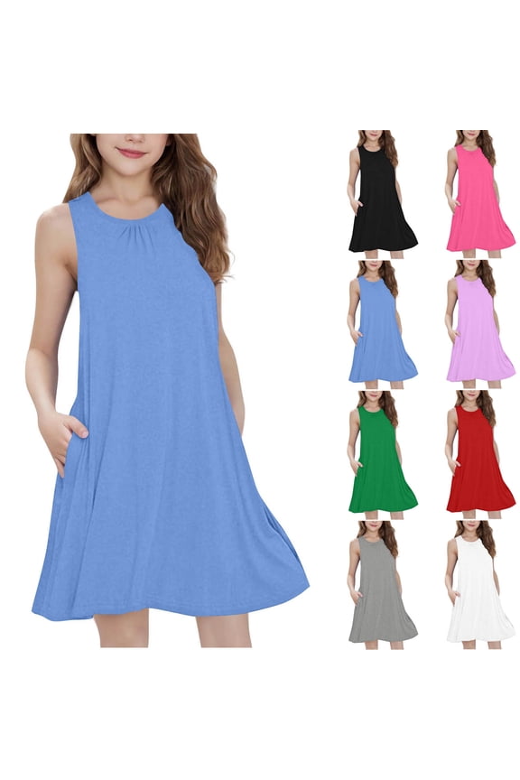 Kids Girls 5-15Y Dress Solid Sleeveless Crew Neck with Pockets High Waist Dance Style