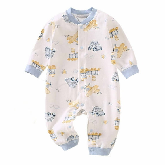 Pretxorve Toddler Girls Boys Romper Vehicle Print Long Sleeve Button Crew Neck Fall Long Leg Jumpsuit