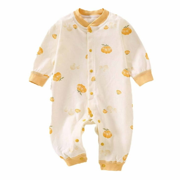 Pretxorve Toddler Girls Boys Romper Pumpkin Print Long Sleeve Button Crew Neck Fall Long Leg Jumpsuit