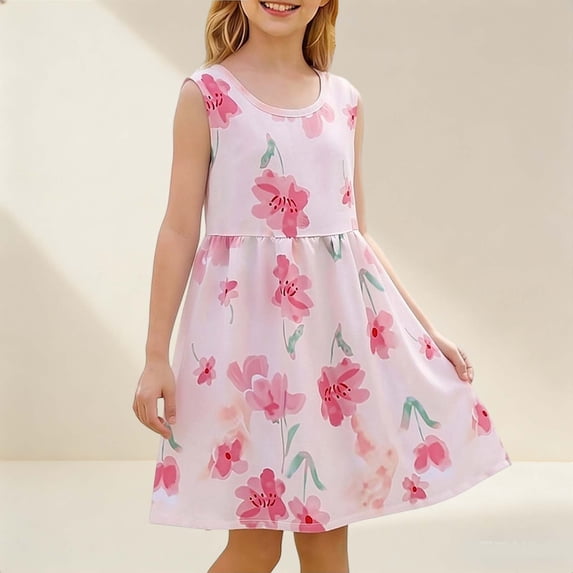Pretxorve Kids Girls Dress Summer Sleeveless Tank Vintage Floral Print A Line Beach Princess Dresses
