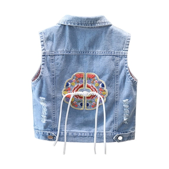 Pretxorve Kids Girls Jacket Embroidered Sleeveless Denim Tank with Ruffled Pockets Outerwear Sizes 18M-10Y