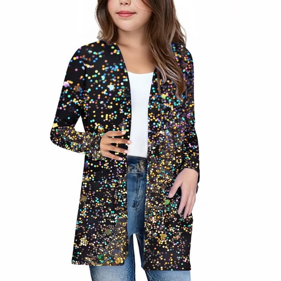 Pretxorve Kids Girls Cardigan Print Jacket Long Sleeve with Pockets Casual Outerwear