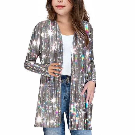 Pretxorve Kids Girls Cardigan Print Jacket Long Sleeve with Pockets Casual Outerwear