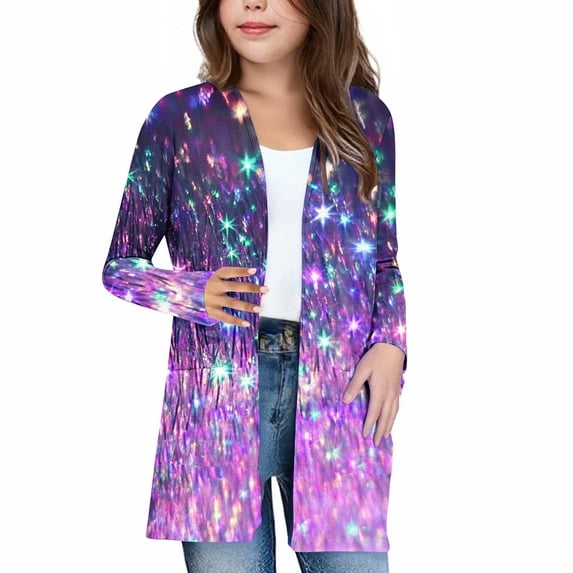 Pretxorve Kids Girls Cardigan Print Jacket Long Sleeve with Pockets Casual Outerwear