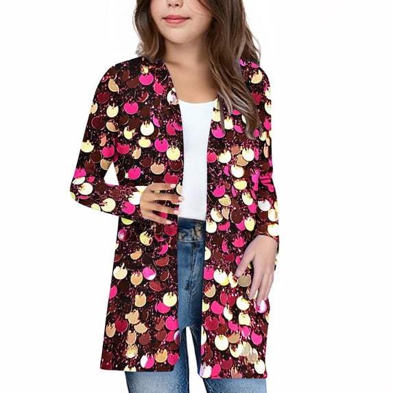 Pretxorve Kids Girls Cardigan Print Jacket Long Sleeve with Pockets Casual Outerwear