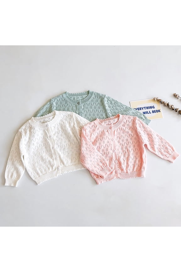 Kids Girls Jacket Solid Loose Button Front Eyelet Crew Neck Casual Outerwear