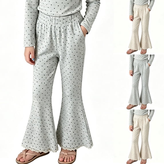 Pretxorve Kids Girls Pants Floral Polka Dots Lace Border Flare Leg Casual Fall Bottoms Sizes 1-10Y