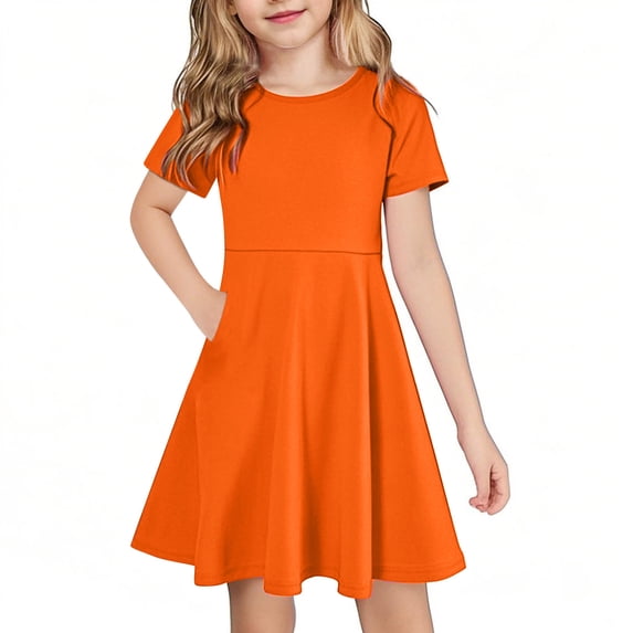 Pretxorve Kids Girls Short Sleeve Dress Summer Crew Neck Solid Pockets Plain Style Casual Dresses