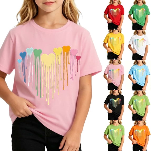 Pretxorve Kids Girls Short Sleeve Graphic Tee Summer Print Round Neck Loose Cut Light Fabric Shirts 2-12Y