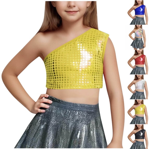 Pretxorve Kids Tank Top for Girls Summer Solid Shiny Metallic One Shoulder Crop Performance Tanks Sizes 3-16Y