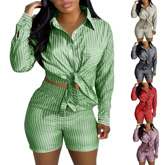 Pretxorve Women 2 Piece Outfits Print Lengthwise Striped Lapel Set-In Top Pocket Thin Summer Trousers Set