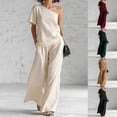 thumbnail image 1 of Pretxorve Women 2 Piece Outfits Solid 1 Shoulder Short Sleeve Top Pocket Loose Straight Long Casual Trousers Set, 1 of 5