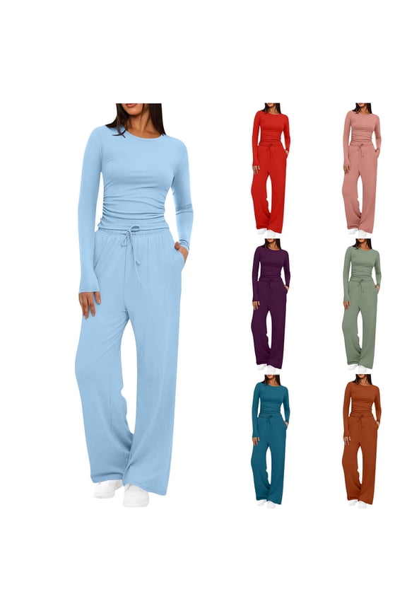 Women 2 Piece Outfits Solid Crew Neck Pullover Set-In Top Drawstring Pocket Long Trousers Set