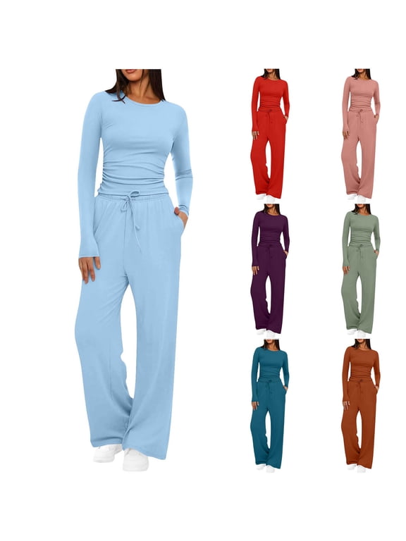 2 Piece Set for Women Solid Pullover Long Sleeve Top Drawstring Pocket Long Trousers Outfits
