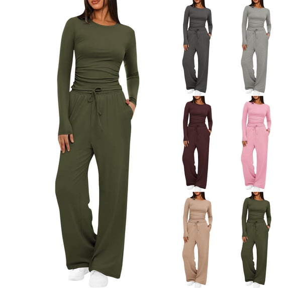 Pretxorve 2 Piece Set for Women Solid Crew Neck Pullover Long Sleeve Top Loose Long Trousers Daily Outfits