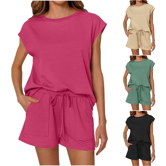 Pretxorve 2 Piece Set for Women Summer Solid Short Sleeve Top Drawstring Pocket Casual Shorts Outfits