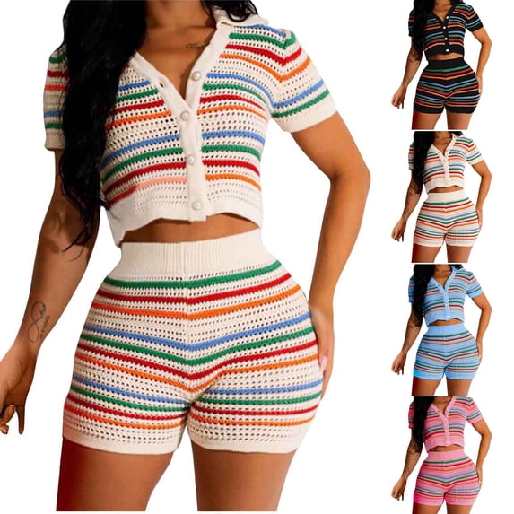 Pretxorve Women 2 Piece Outfits Solid Hollow Knit V Neck Short Sleeve Top Straight Long Trousers Daily Set