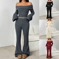 thumbnail image 1 of Pretxorve 2 Piece Set for Women Solid Off Shoulder Knit Long Sleeve Top Elastic Waist Flare Trousers Outfits, 1 of 5