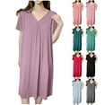 thumbnail image 1 of Pretxorve Women Nightgown Solid Summer V Neck Pleated Front Short Sleeve Loose Long Sleep Dress, 1 of 5