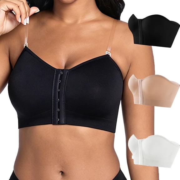 Pretxorve Women's Sports Bras Solid Seamless Front Closure Invisible Strap U Back Tube Top Bra