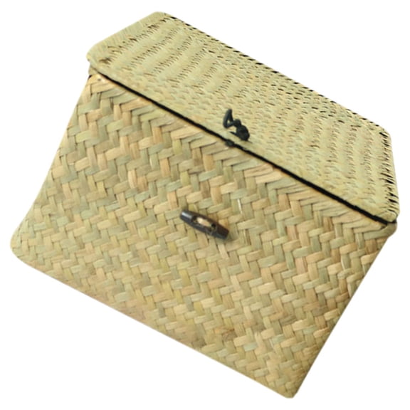 Pretyzoom 1Pc Red Woven Storage Box Natural Handwoven Decorative Basket with Lid for Home Bedroom Living Room