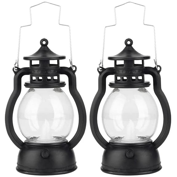 Pretyzoom 2Pcs Black LED Kerosene Lamp Vintage Style Flameless Decorative Lanterns