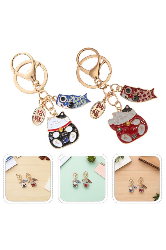 4Pcs Japanese Keychain with Fortune Cat Pendant Alloy Good Luck Charm for Hanging Keys and Bag Accessory