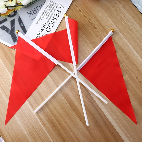 Pretyzoom 50Pcs Red Triangular Hand Waving Flags with Plastic Pole Reusable for Events