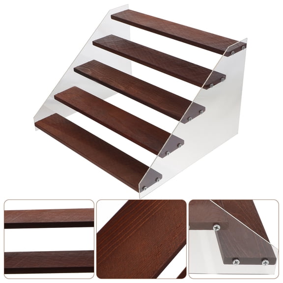 Pretyzoom 1Set Acrylic Wood Riser Shelves 5 Tier Display Stand Multi Purpose Storage Rack